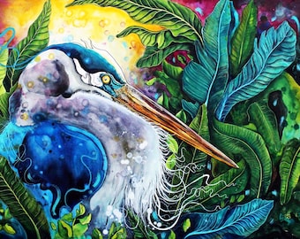 Heron Painting - Tropical Heron Art - Heron Artwork - Great Blue Heron Art Print- Gifts for Bird Lovers - "Tropidelic" by Landon Fraker