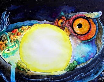 Colorful Owl Art, Full Moon Painting, Fine Art Print, Fall Leaf Wall Art, Animal Art, Kids Room Art -  "The Cosmic Owl" by Landon Fraker