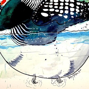May include: Watercolor painting of a loon diving into water. The bird has black, white, and teal feathers. The water is blue and white, with splashes of red and green. The loon's feet are visible underwater.