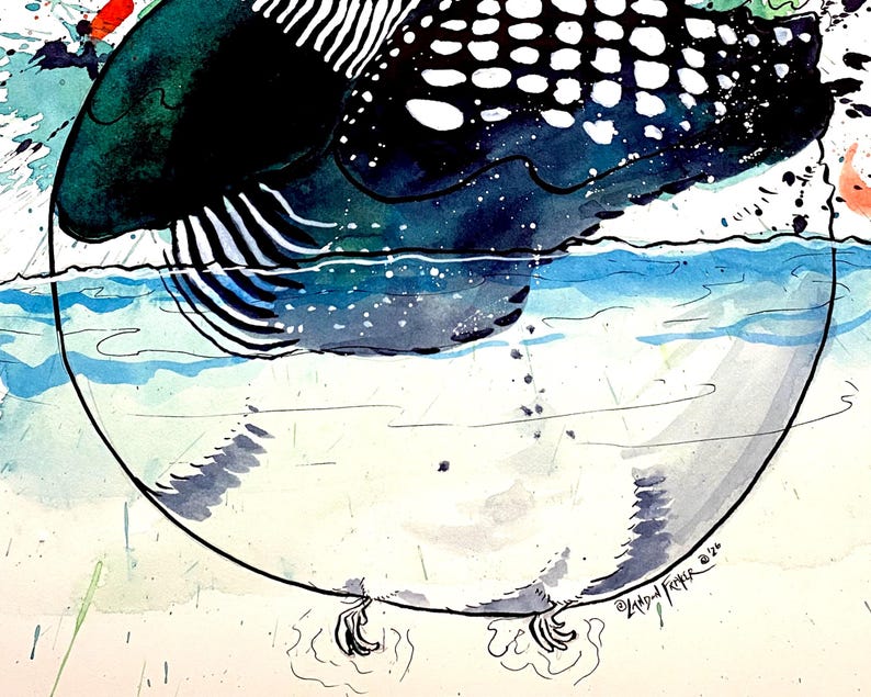 May include: Watercolor painting of a loon diving into water. The bird has black, white, and teal feathers. The water is blue and white, with splashes of red and green. The loon's feet are visible underwater.