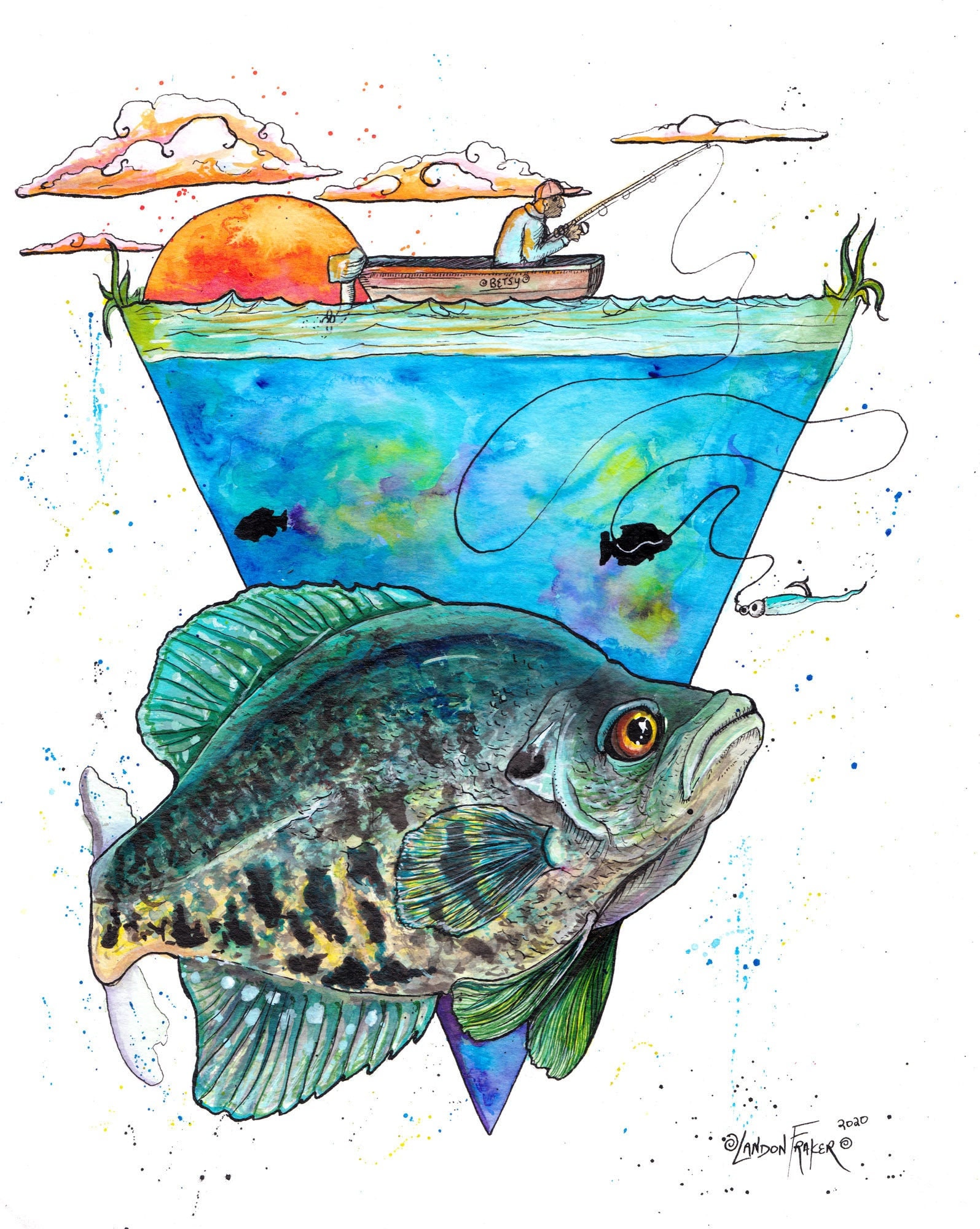 Fisherman Fishing for Crappie Fish, Fishing Gift, Fish Art, Gift