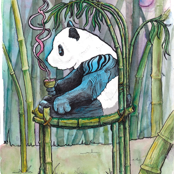 Panda Bear Sitting on a Bamboo Chair Sipping Tea - Fine Art Print - Zen Panda - Chill Art - Panda Poster - Watercolor Animal - "Reflection"