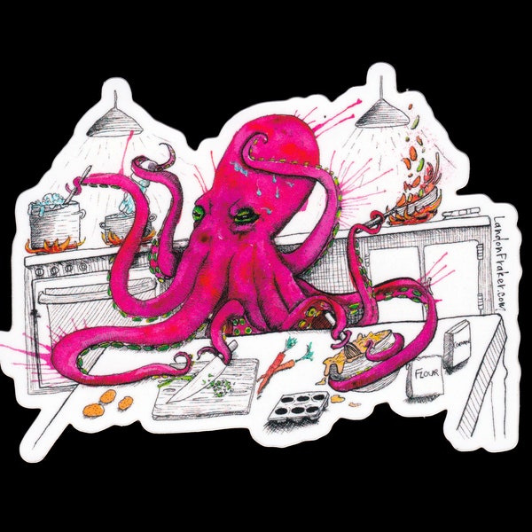 Funny Octopus Sticker - Octopus Cooking in the Kitchen - Kitchen Sticker - Gift for Chef - "All Legs" by Landon Fraker