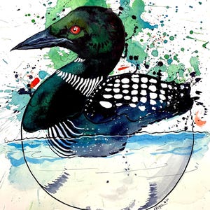 May include: Watercolor painting of a loon in a lake. The bird has a black head and back with white markings, a long black beak, and red eyes. Green and blue watercolor splashes surround the bird, creating a dynamic and artistic effect.