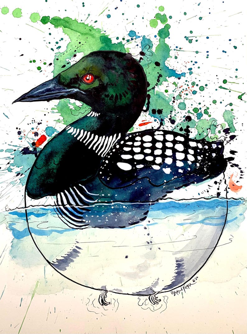 May include: Watercolor painting of a loon in a lake. The bird has a black head and back with white markings, a long black beak, and red eyes. Green and blue watercolor splashes surround the bird, creating a dynamic and artistic effect.