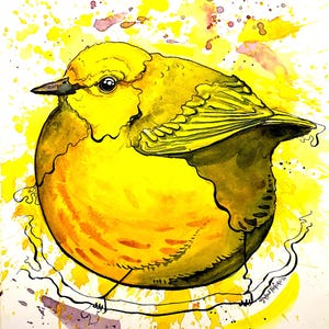 Könnte beinhalten: Ein lebendiges Aquarellgemälde eines gelben Vogels mit schwarzem Schnabel und Auge, vor einem Hintergrund aus gelben Farbspritzern und lila Akzenten. Der Vogel sitzt auf einer dünnen schwarzen Linie.