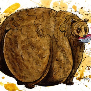 May include: A brown bear illustration with a round, oversized body holding a fish in its mouth. The artwork features ink outlines and watercolor-style paint splatters in shades of yellow, orange, and brown. The artist signature Landon Fraker is visible.
