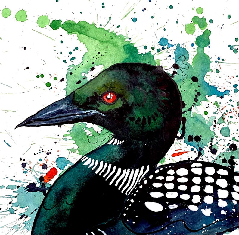 May include: Watercolor painting of a loon bird in profile, featuring a dark green head and neck with a red eye. The bird's body is black with white spots and stripes. Green and blue paint splatters create a vibrant background.