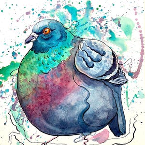 Könnte beinhalten: Aquarellmalerei eines Tauben mit blauen, grünen und violetten Farbtönen. Der Vogel ist mit detaillierten Federn und einem orangefarbenen Auge dargestellt, vor einem Hintergrund aus farbenfrohen Farbspritzern. Das Kunstwerk ist unten rechts signiert.