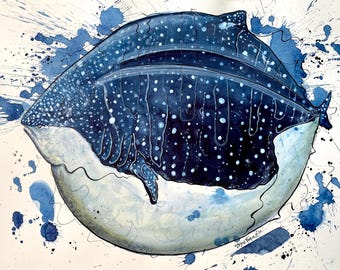 Fat Whale Shark Print – Watercolor and Ink Fish Art by Landon Fraker