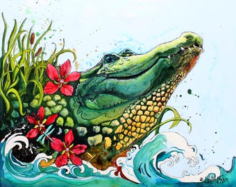 Alligator Smoking a Cigarette, Funny Animal Art, Reptile Poster, Aliigator  Wearing Clothes, Animal Humor, 