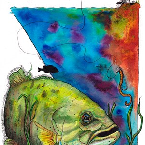 Freshwater Fish Illustration - Fine Art Print - Fishing Gift - LargeMouth Bass -  Pen and Ink - &quot;Sit and Wait&quot; by Landon Fraker