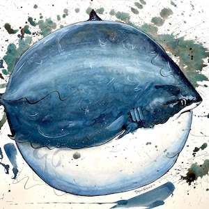 May include: A watercolor painting of a round, blue shark with a dark, textured body and a white underbelly. The shark is depicted in a spherical shape, surrounded by blue and green paint splatters on a white background, with a signature at the bottom.