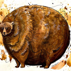 May include: A watercolor illustration of a round, brown bear with a spherical body and a small head. The bear is depicted with dark brown fur, black ink outlines, and expressive eyes. The background features abstract orange and brown paint splatters.