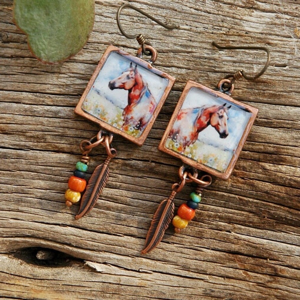 Horse Earrings with Copper Bezels - Handmade Equine Earrings with Feathers and  Glass Beads - Gifts for Her