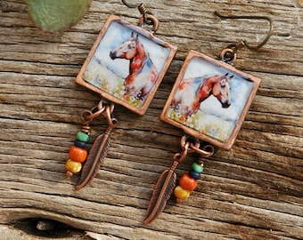 Horse Earrings with Copper Bezels - Handmade Equine Earrings with Feathers and  Glass Beads - Gifts for Her