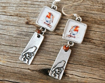 Little Red Breast Robin Earrings in Silver Bezels - Handmade Robin Earrings with Bird Dangle - Bird Earrings - Gifts for Her