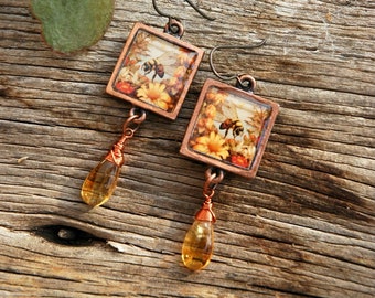 Bee Earrings with Copper Bezels - Handmade Wildlife Earrings with Citrine Drops - Gifts for Her