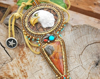 Eagle Necklace - Beaded Eagle Necklace - Bird Necklace - Wildlife Necklace - Bead Embroidered Eagle Necklace