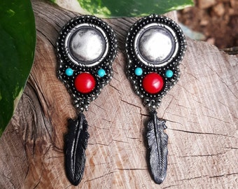 Metal Button Earrings - Cowgirl Earrings - Raven Feather Earrings - Beaded Black and Red Post Earrings - Bead Embroidery - Feather Earrings