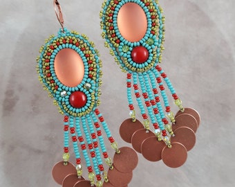 Colorful Earrings -  Peach and Turquoise Earrings -  Beaded Dangle Earrings - Beaded  Southwestern Earrings -  Bead Embroidered Earrings