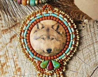 Rustic Wolf  Necklace - Wolf Necklace- Beaded Wildlife Necklace - Bead Embroidered Rustic Necklace