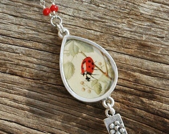 Ladybug Necklace  in Silver Bezel - Handmade Ladybug Necklace with Leather and Red Coral Chain- Gifts for Her