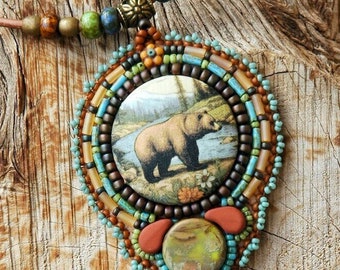 Bear by the Lake Necklace - Bear Necklace- Beaded BearNecklace - Bead Embroidered Bear Necklace