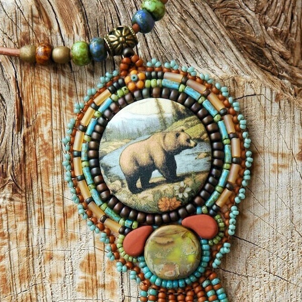 Bear by the Lake Necklace - Bear Necklace- Beaded BearNecklace - Bead Embroidered Bear Necklace