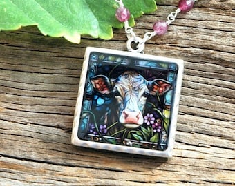 Whimsical Cow in Silver Bezel Necklace- Handmade Cow Necklace with Leather and Purple Jade Beaded Chain