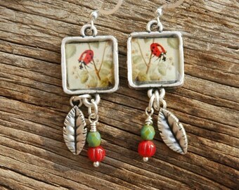 Little Ladybug Earrings in Silver Bezels - Handmade Ladybug Earrings with Beads and Leaves - Gifts for Her