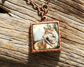 Wolf in Copper Bezel Necklace- Handmade Wolf Necklace with Leather and Rustic Beads