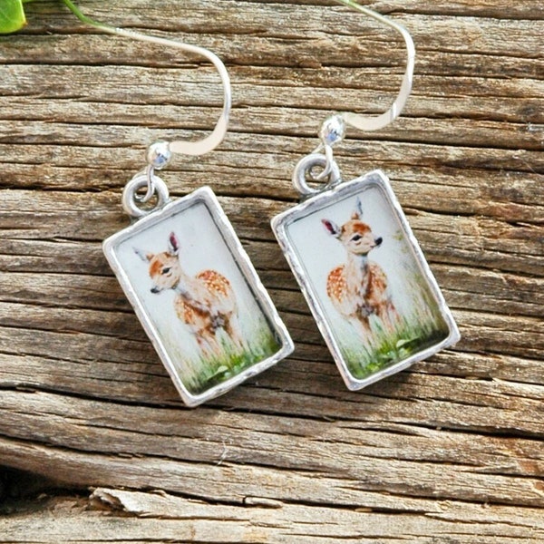 Little Fawn Earrings in Silver Bezels - Handmade Deer Earrings  - Gifts for Her