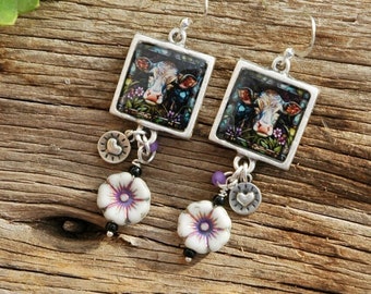 Sweet Cow Earrings with Silver Bezels - HandmadeCow Earrings with Hearts and Flowers - Gifts for Her