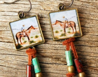 Cowboy on Horse Earrings in Brass Bezels - Handmade Equine Earrings with Leather and Glass Beads - Gifts for Her
