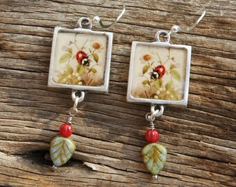 Ladybug Earrings in Silver Bezels - Handmade Ladybug Earrings with Beads and Leaves - Gifts for Her