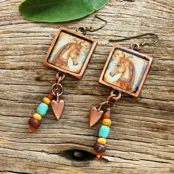 Boho Horse Earrings with Copper Bezels - Handmade Equine Earrings with Copper Heart and Glass Beads - Gifts for Her
