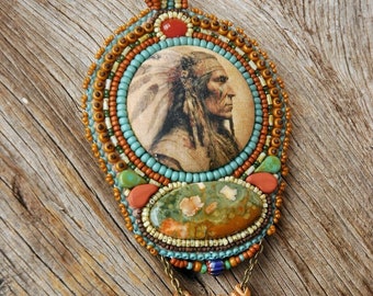 Rustic Native Man  Necklace - Western  Necklace- Beaded Native Image Necklace - Bead Embroidered Rustic Necklace