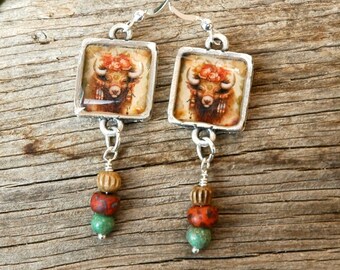 Little Boho Bison Earrings in Silver Bezels - Handmade Buffalo Earrings with Beaded Dangles - Bison Earrings - Gifts for Her