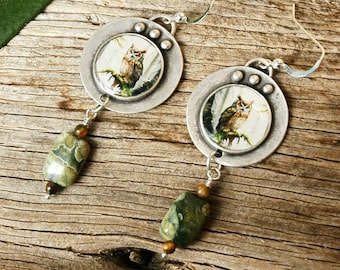 Owl  Earrings with Silver Bezels - Handmade Owl  Earrings with Rainforest Jasper and Tiger Eye Bead Dangles - Bird Earrings - Gifts for Her