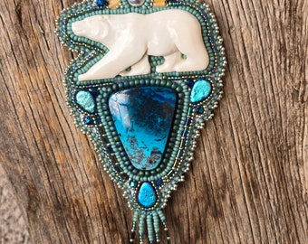 Carved Bone Polar Bear Necklace - Chrysocolla and Bear Bead Embroidered Necklace - Bead Embroidery