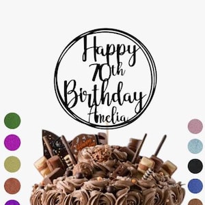 Adorno circular personalizado para tarta de cumpleaños, ideal para cualquier nombre y edad, redondo, con purpurina, para cumpleaños, aniversario, regalo dorado.