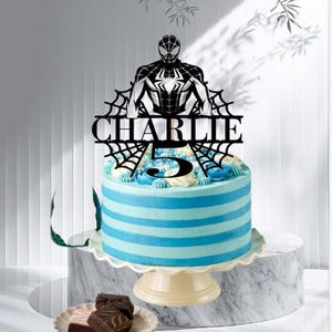 Personalized Superhero Birthday Cake Topper, Glitter Card Spider Web Design image 9