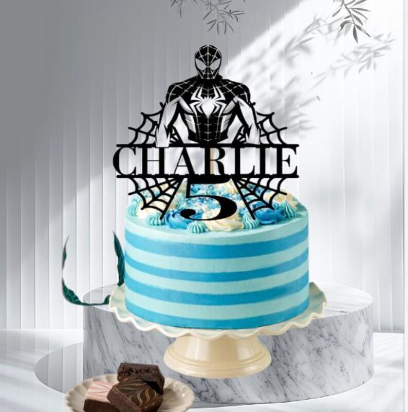 Personalized Superhero Birthday Cake Topper, Glitter Card Spider Web Design image 9