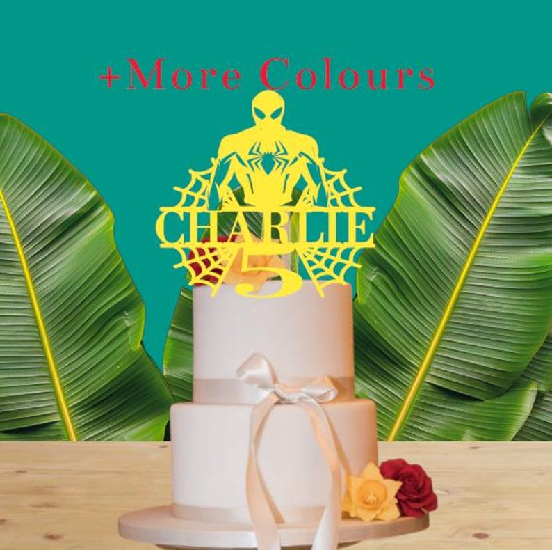Personalized Superhero Birthday Cake Topper, Glitter Card Spider Web Design image 11