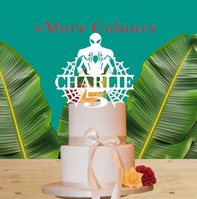 Personalized Superhero Birthday Cake Topper, Glitter Card Spider Web Design image 10