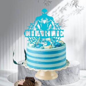 Personalized Superhero Birthday Cake Topper, Glitter Card Spider Web Design image 4