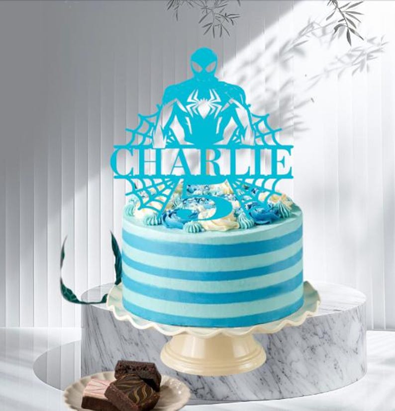 Personalized Superhero Birthday Cake Topper, Glitter Card Spider Web Design image 4