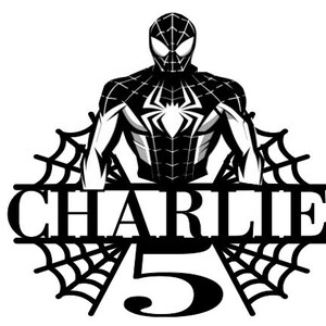 May include: Black and white graphic featuring a superhero figure with a spider emblem. The name "CHARLIE" is displayed above the number "5", all in a bold, stylized font, with spiderweb accents.