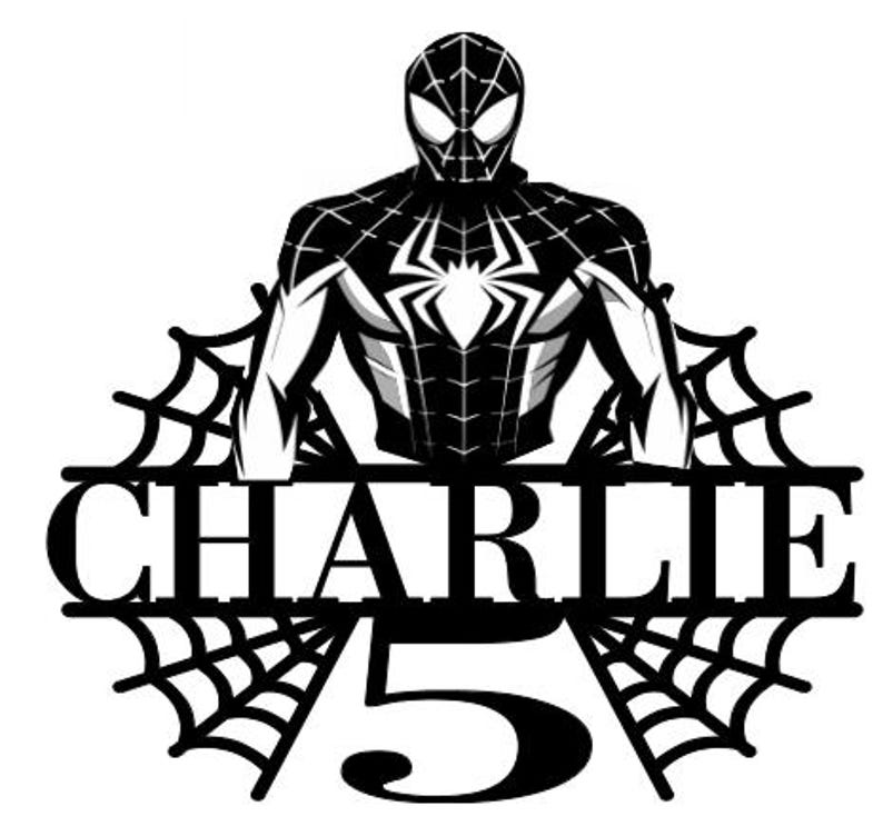 May include: Black and white graphic featuring a superhero figure with a spider emblem. The name "CHARLIE" is displayed above the number "5", all in a bold, stylized font, with spiderweb accents.